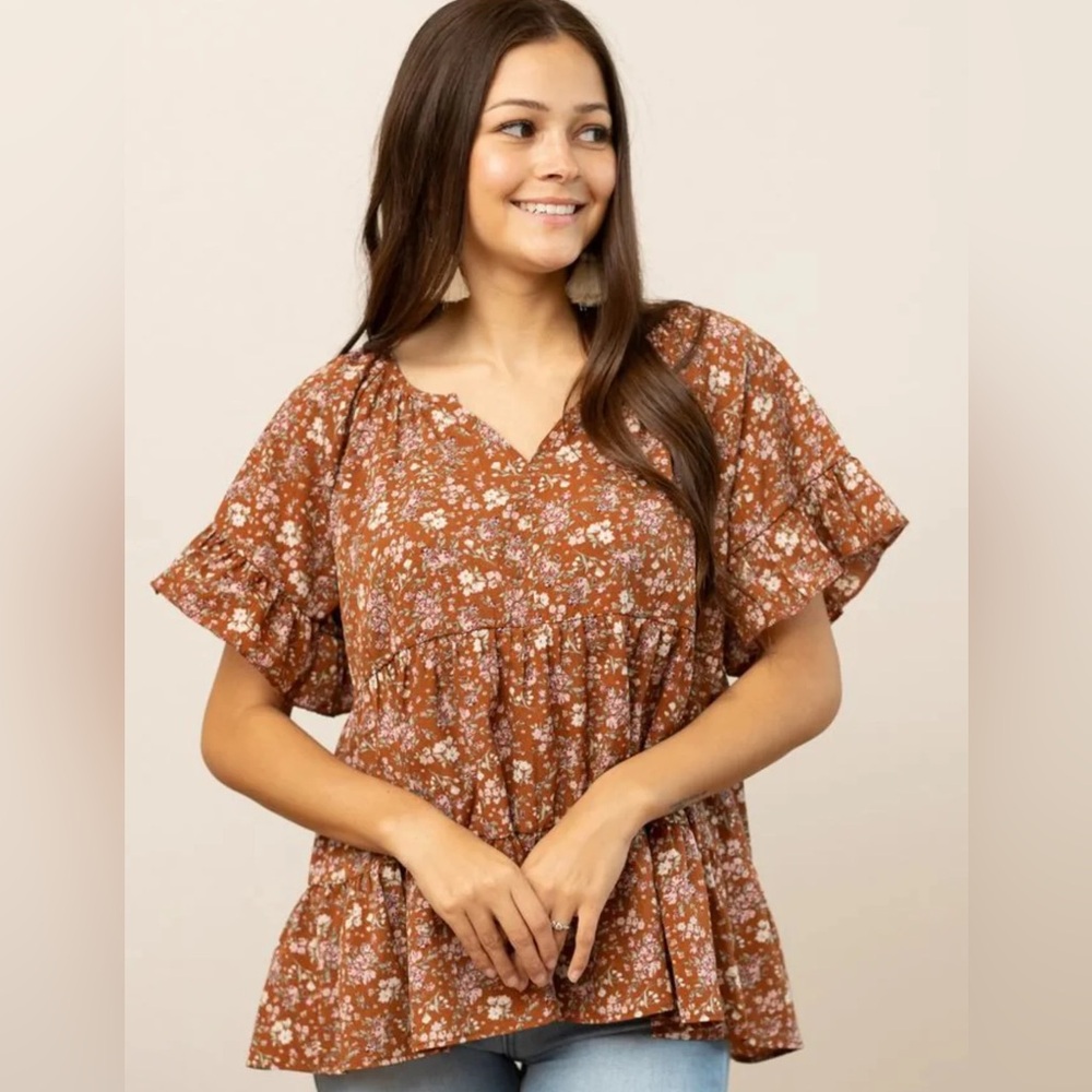 IMG Floral Ruffle Hem Blouse - Orange and White